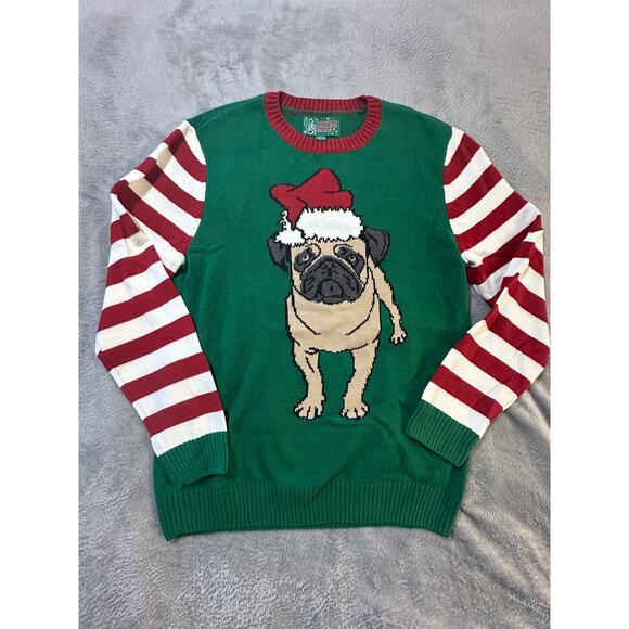 Ugly Christmas Sweater Pug Dog Santa Hat Striped Sleeves Green XL - Picture 1 of 8